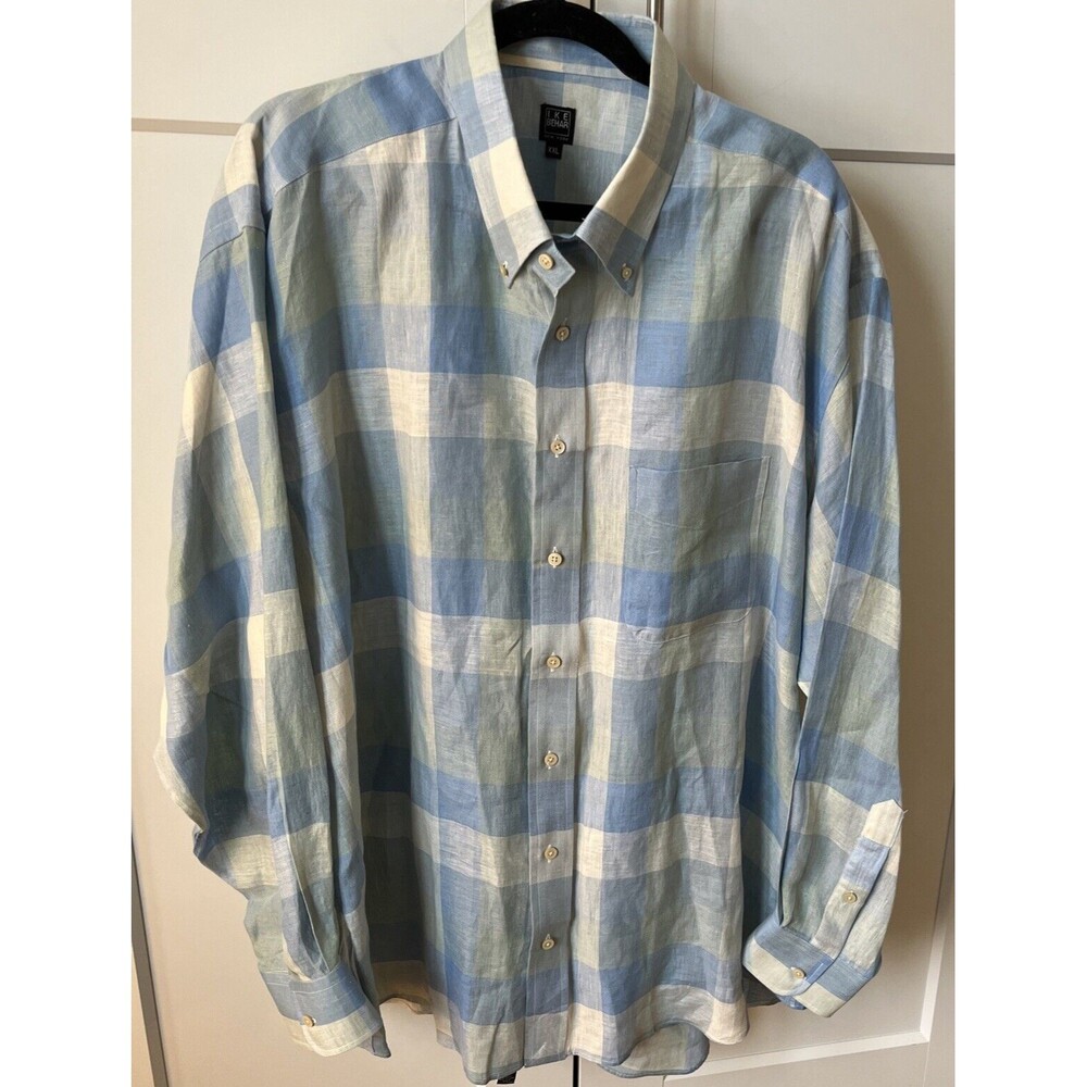 Ike Behar 2XL 100% Linen Button Up Shirt Blue Tan Plaid Long Sleeve Beach